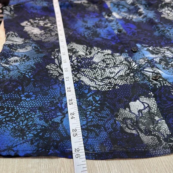 East 5th Blouse Button Up Womens L Semi Sheer Black Blue Abstract Long Sleeve - Picture 12 of 13